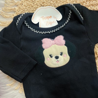  Conj. Body Cachorrinha de Laço Rosa e Calça Bolotas Pretas - Preto e Off White